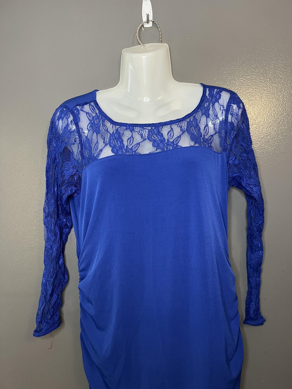 Motherhood Maternity Dress Womens Medium Blue Lace Ruched Bodycon Knee Length